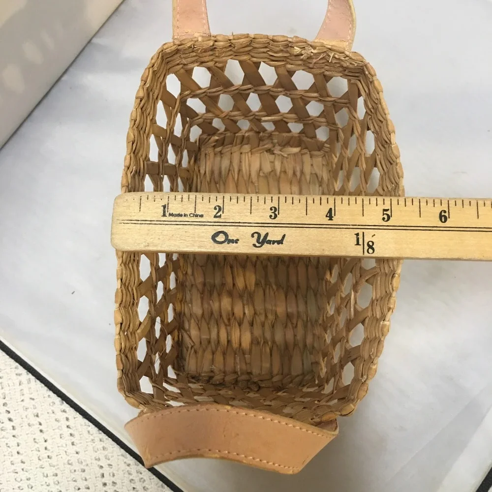 Woven Straw Basket Small Tan Faux Leather Handle Lattice Design Rectangle